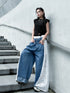 Lace Contrast Wide Denim Pants